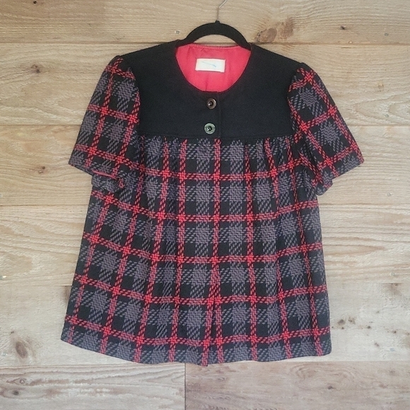 Badgley Mischka Jackets & Blazers - Badgley Mischka Gray, Black, and Red Plaid Short Sleeve Coat